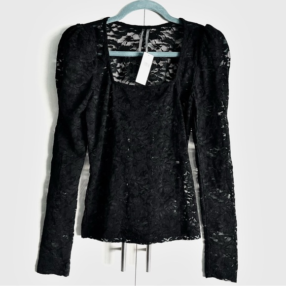 Anthropologie Puff-Sleeve Sheer Lace Top Blouse in Black Onyx Size S NWT - Picture 3 of 13